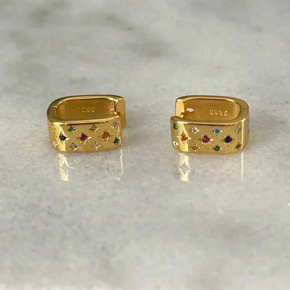 Modest Lu Jewelry - COPY - Gold Crystal Star Burst Colorful Oval Chunky Hoop Huggie Earrings Brand …